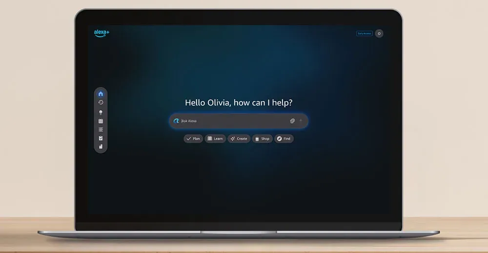 Amazon Alexa+ interface on a web browser, showcasing task management and smart home controls.