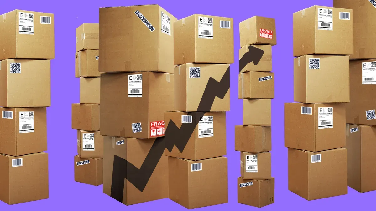 Amazon warehouse with boxes labeled 'Tariff Impact' and 'Price Increase' in the background