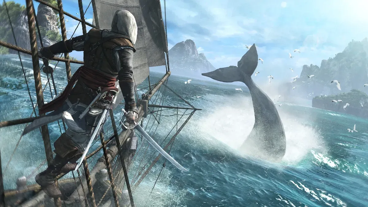 Assassin's Creed 4: Black Flag logo with sea shanties in the background