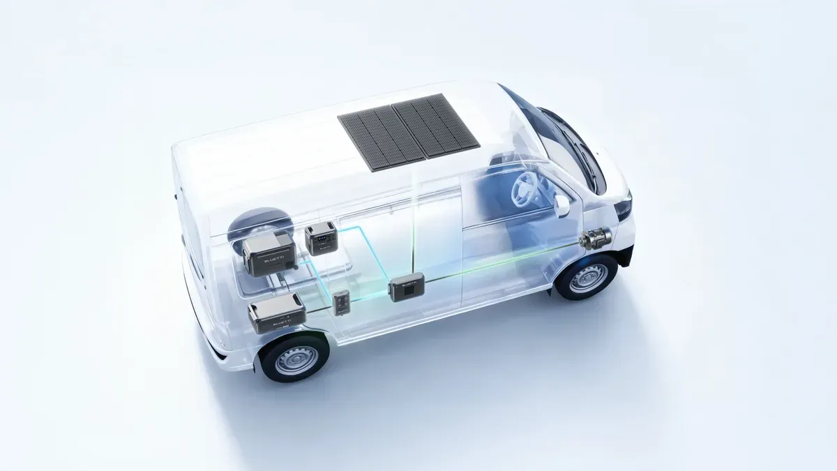 Bluetti Charger 2 mounted in a vehicle, connected to a power station and solar panel