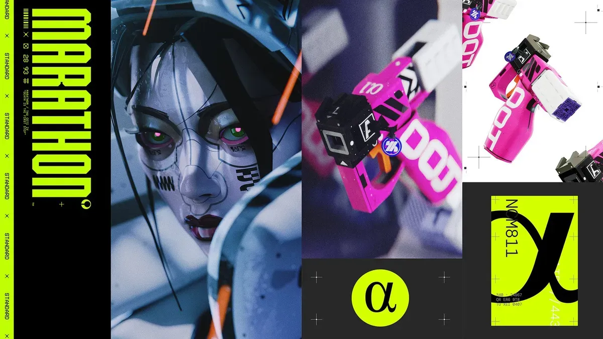 Bungie's Marathon game art featuring Tau Ceti IV environment and cybernetic Runner character