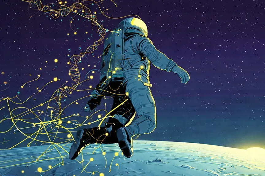 Astronauts in space with DNA methylation patterns visualized