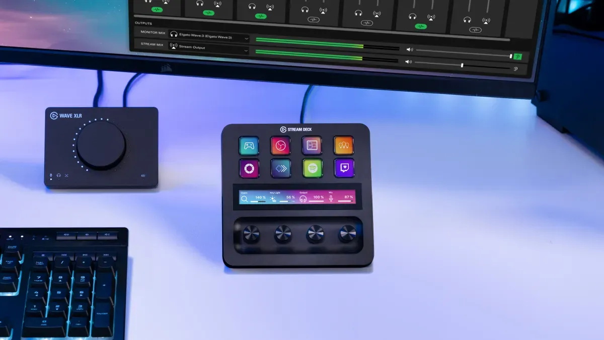 Elgato Stream Deck Plus device with buttons and dials for streamlining workflows