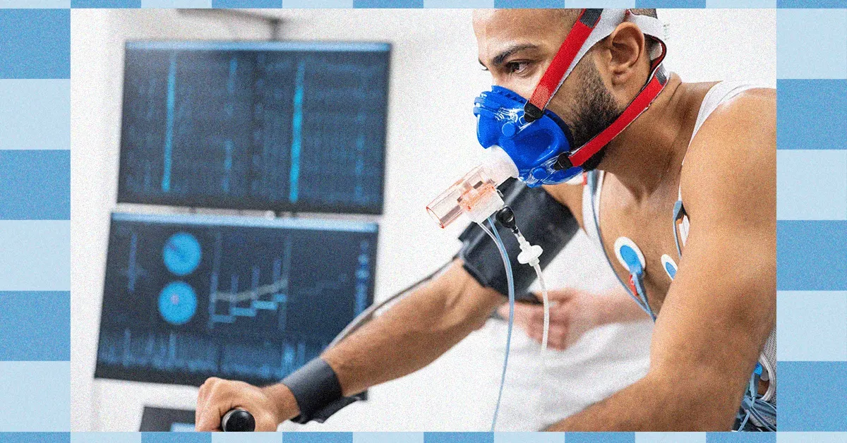 A person using a fitness tracker during a VO2 max test with AI-related icons in the background