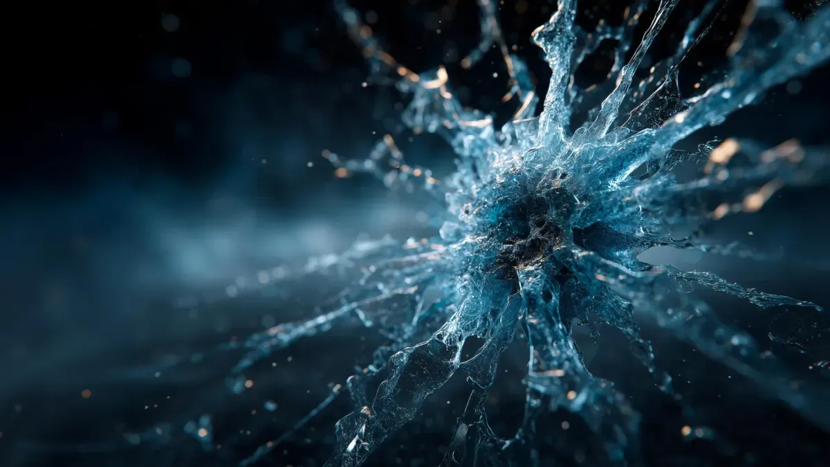 Frozen hydrogen cyanide crystals under a microscope, showing cobweb-like formations.