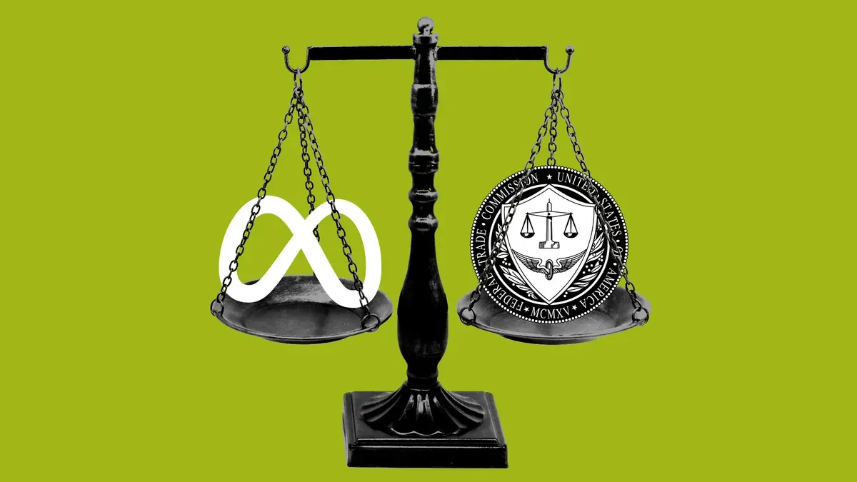 Legal documents and courtroom sketch related to FTC vs. Meta antitrust case
