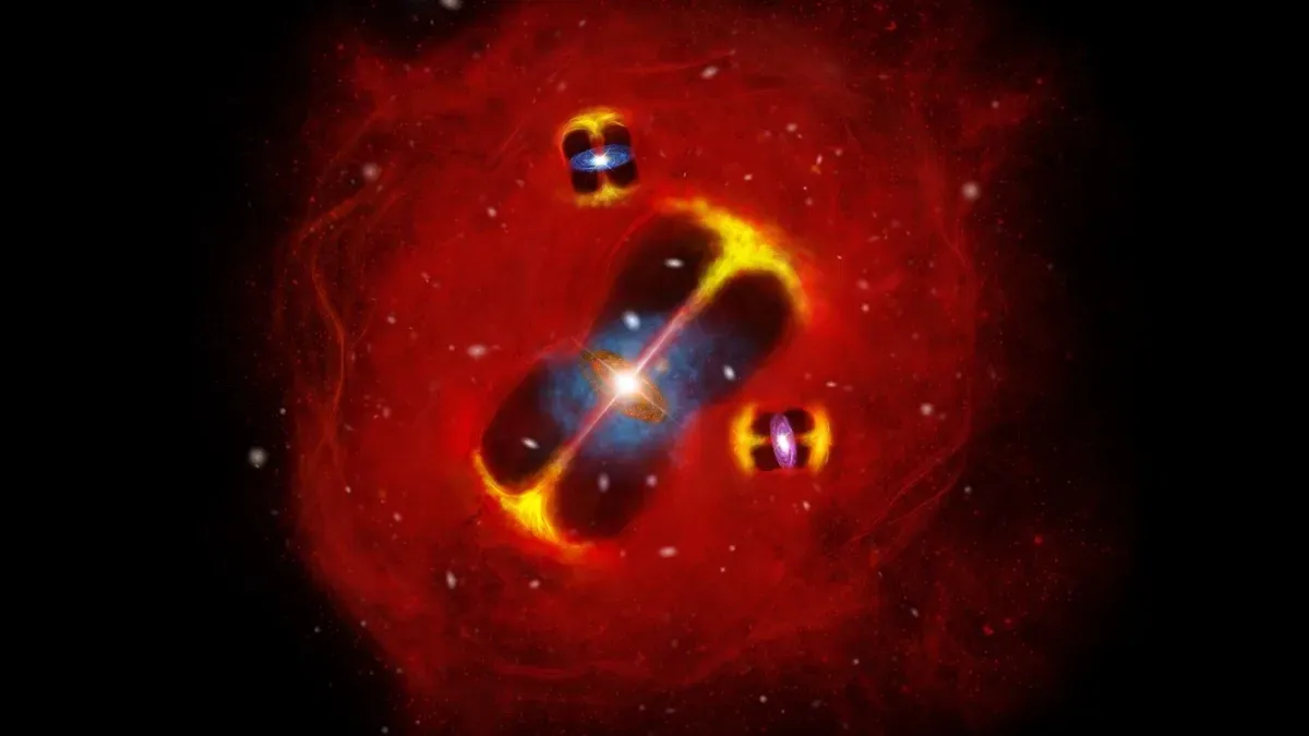 Artist's impression of the galaxy cluster SPT2349-56 in the early universe, showing its compact structure and supermassive black holes.