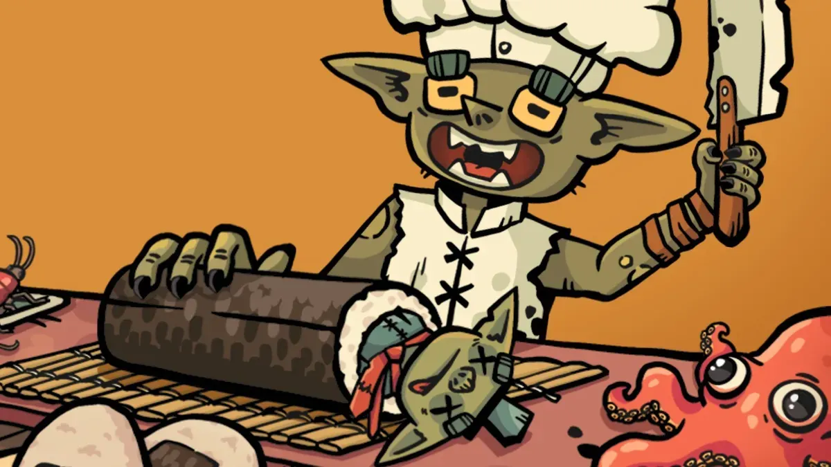 Goblin Sushi features a chaotic kitchen where players dodge poo and serve two-headed customers with sushi made from cave creatures.
