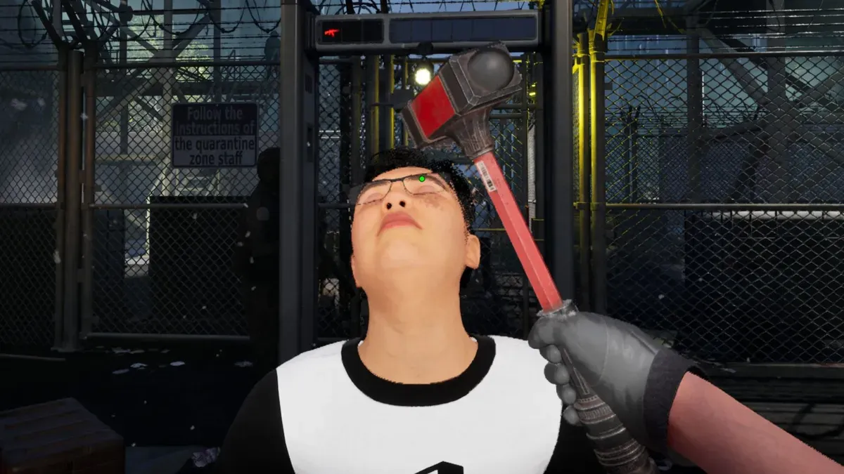 A player wields a medical hammer in Quarantine Zone, bonking zombies in a chaotic first-person sim.