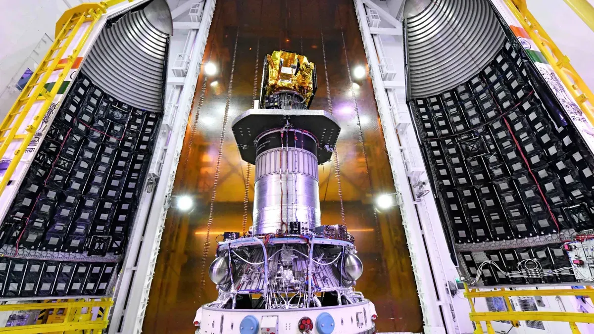 India's PSLV rocket preparing for launch with multiple payloads, including the military Earth-observation satellite EOS-N1.