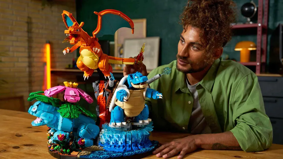 Lego Pokémon sets including Eevee, Pikachu, and the Charizard/Blastoise/Venusaur diorama.