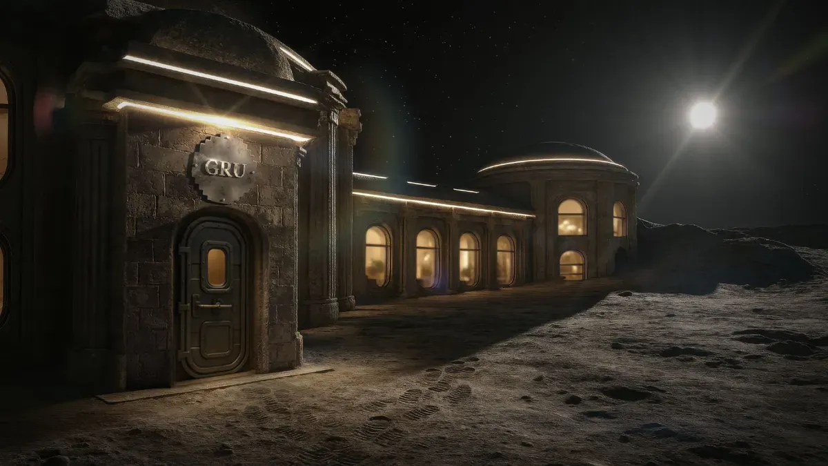 Conceptual rendering of a lunar hotel with modular structures on the moon's surface