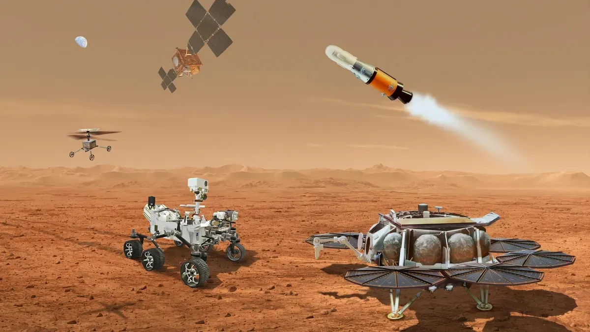 NASA's Mars Sample Return mission concept art with Chinese Tianwen-3 spacecraft in the background