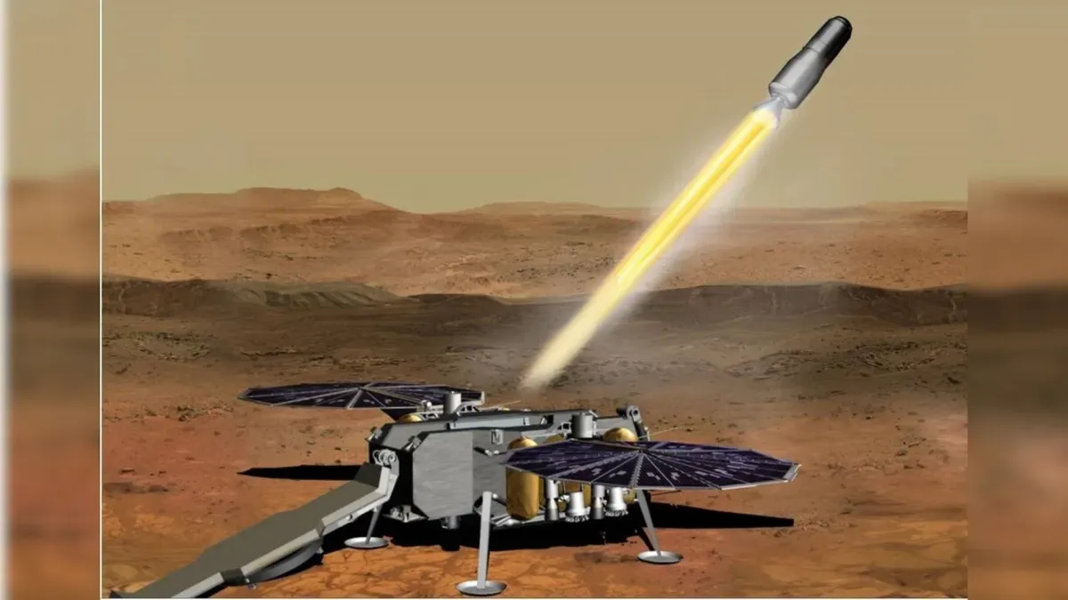 NASA's Mars Sample Return mission concept art showing sample retrieval from Mars