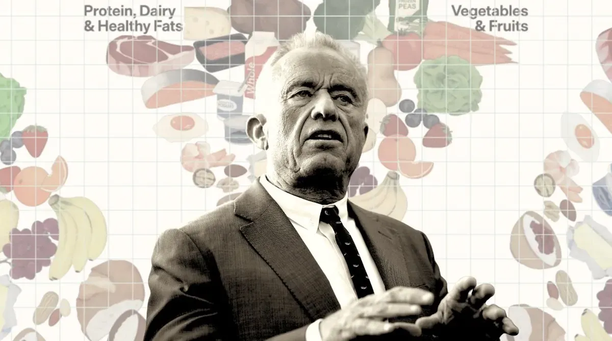 Infographic showing the new US Dietary Guidelines pyramid with meats, dairy, and oils at the top alongside vegetables.