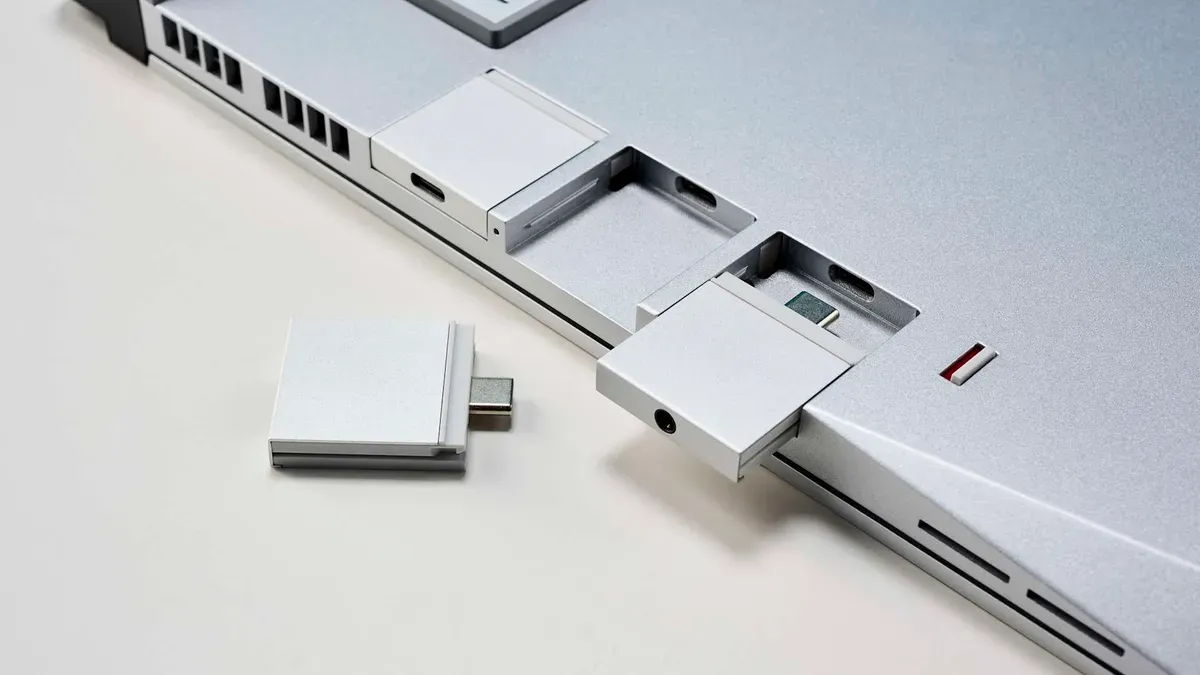 DockFrame USB-C hub in purple enclosure with modular Tool Cards