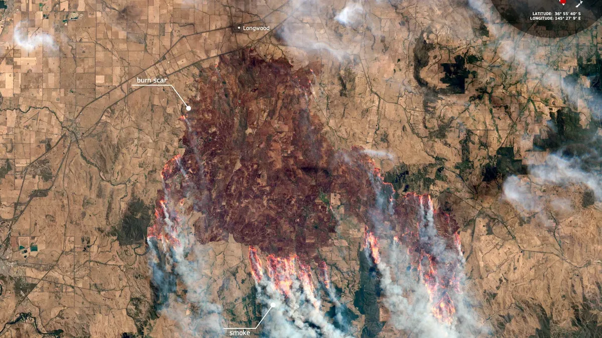 Sentinel-2 satellite imagery showing Australian bushfire burn scars and vegetation changes in Victoria.