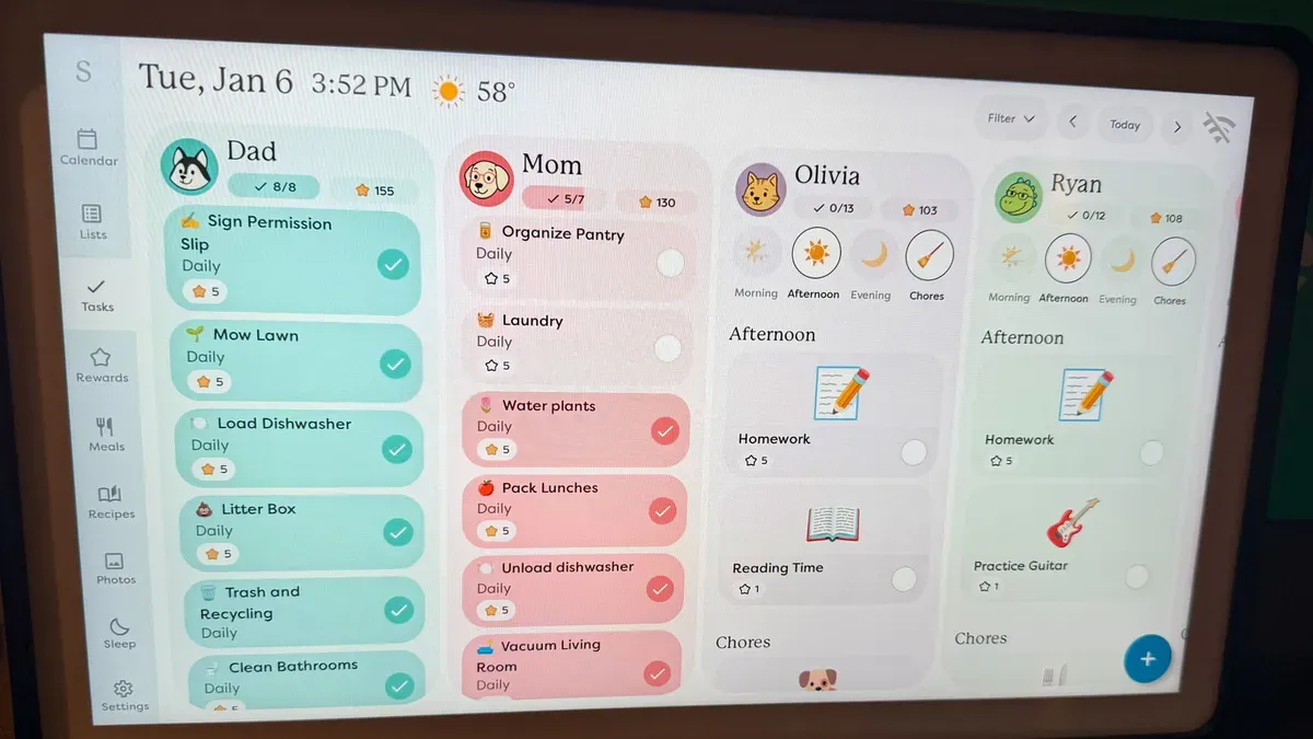 Skylight Calendar 2 displaying a family schedule with AI-generated event highlights and grocery list suggestions