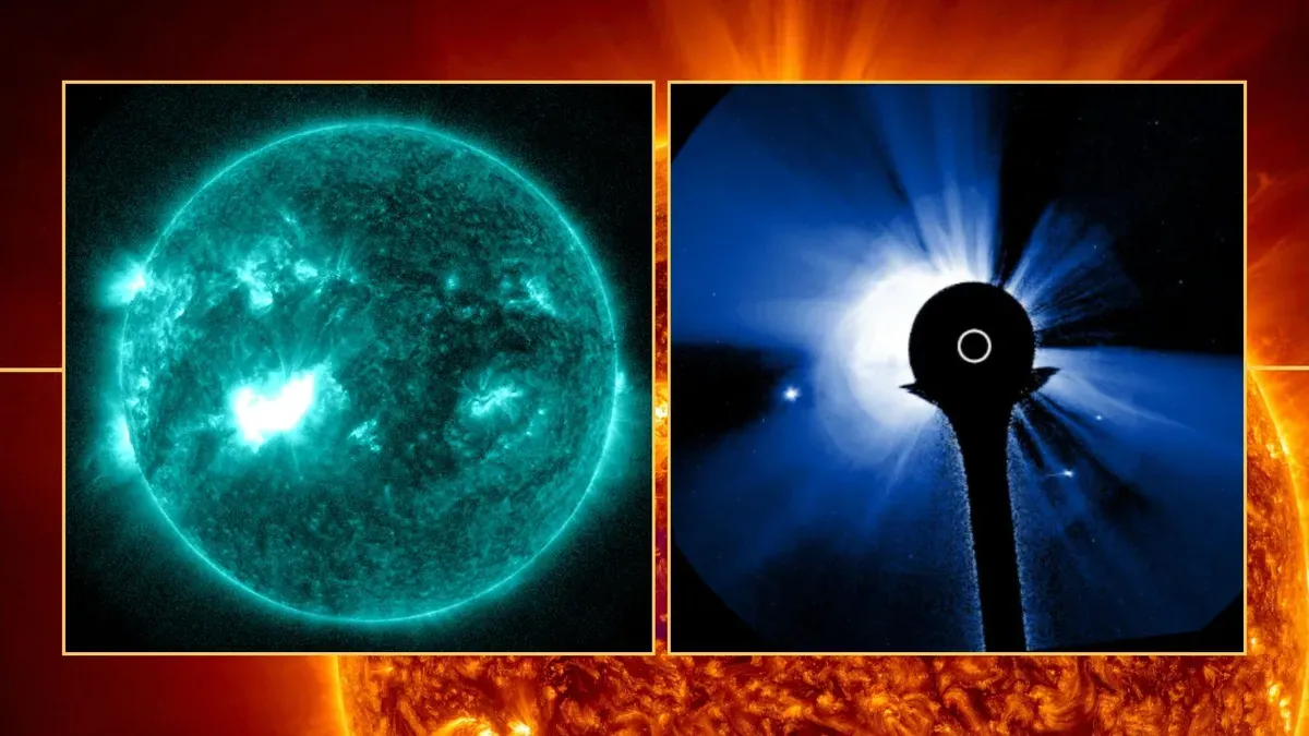Solar flare and coronal mass ejection impacting Earth's magnetic field