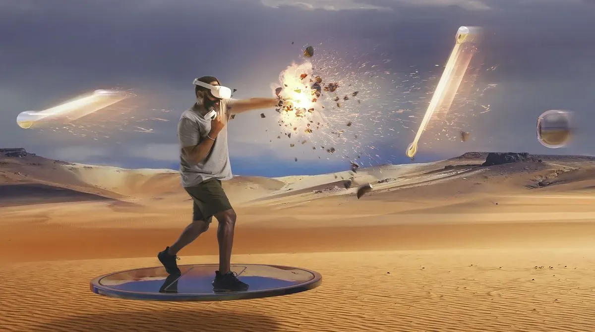 VR fitness users in a virtual environment, surrounded by digital landscapes and avatars, with Meta Quest headsets visible