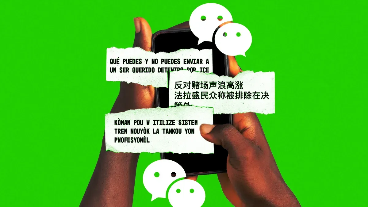 A screenshot showing Documented NYC's WeChat, WhatsApp, and Nextdoor interfaces with community engagement metrics and localized content for immigrant audiences.