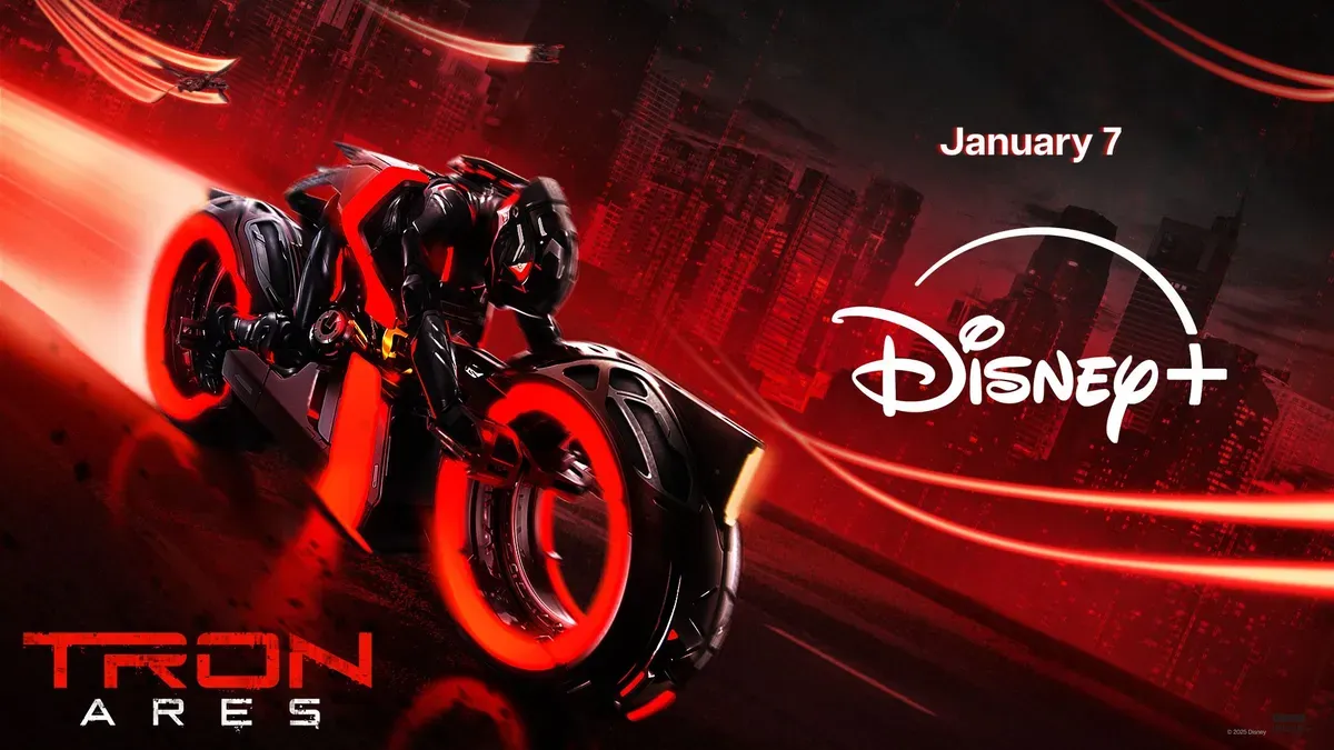Tron: Ares poster featuring digital landscapes and AI elements, optimized for IMAX Enhanced and DTS audio on Disney+.