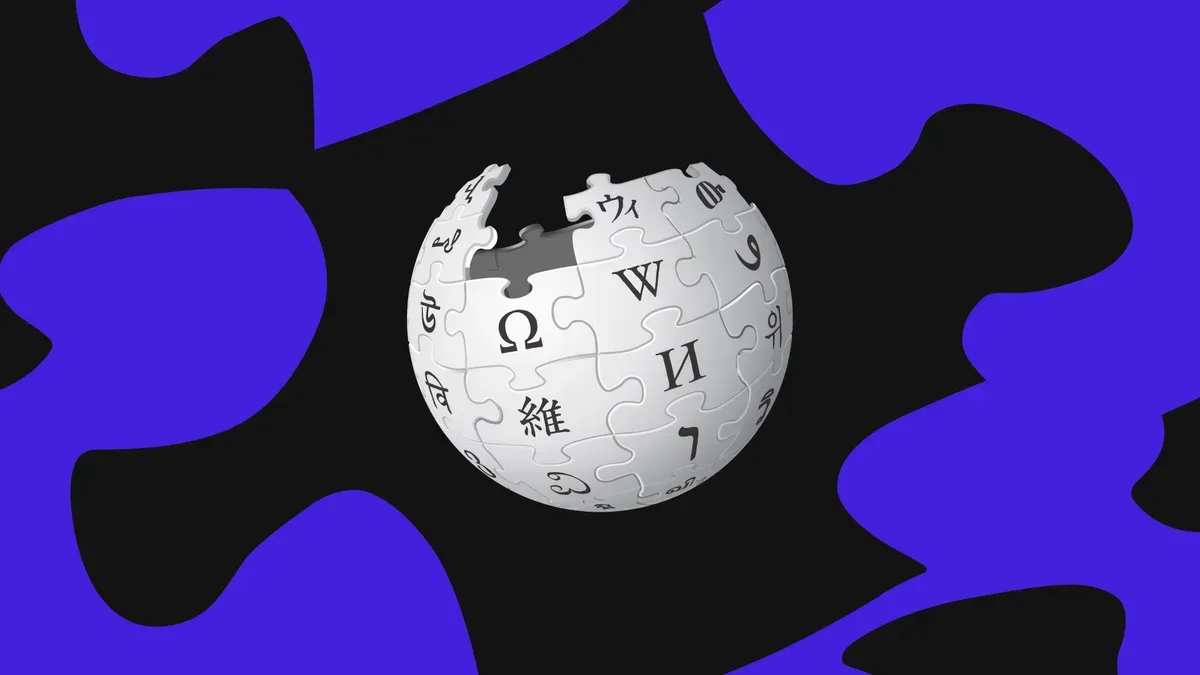 Wikipedia's logo with corporate logos overlaid in a digital interface