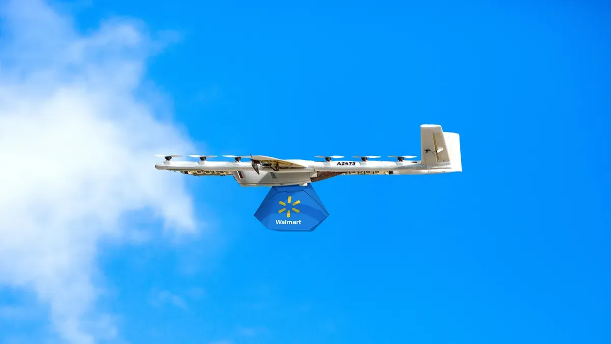 Wing drone delivering groceries to a Walmart customer