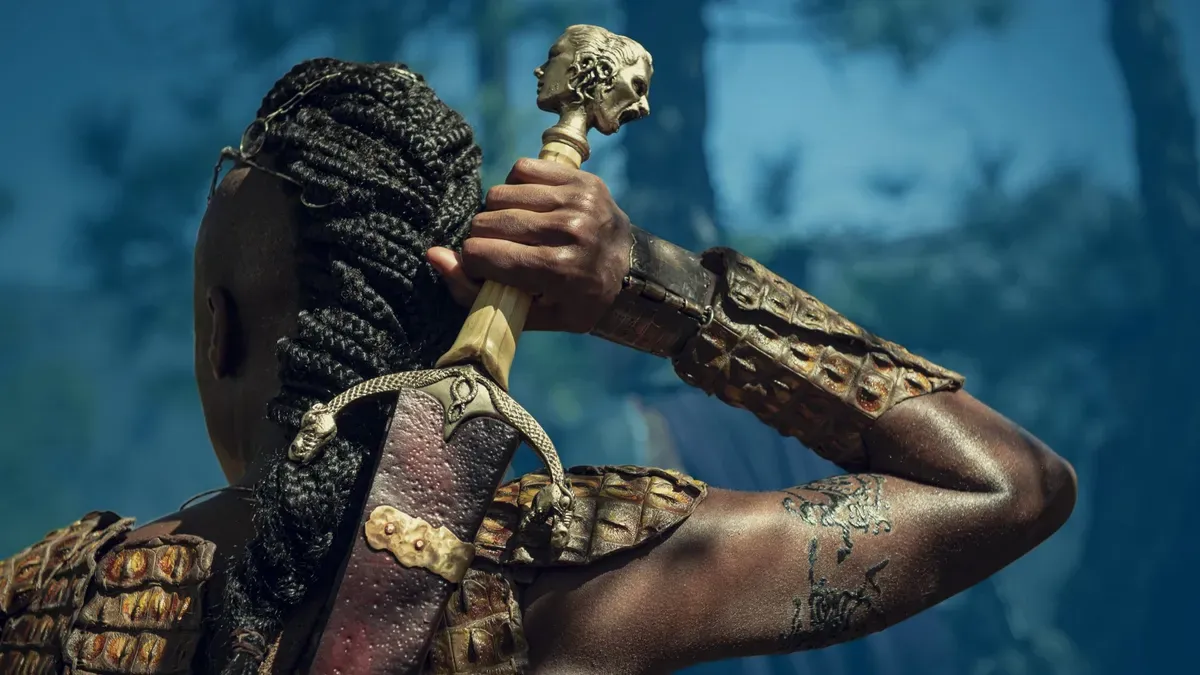 Geralt of Rivia standing at the edge of a mysterious forest, sword in hand, with a dragon soaring in the background.