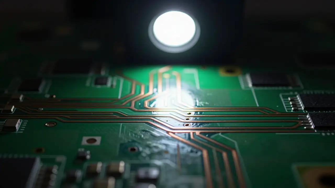 Exposed copper circuit traces on dark green printed circuit board