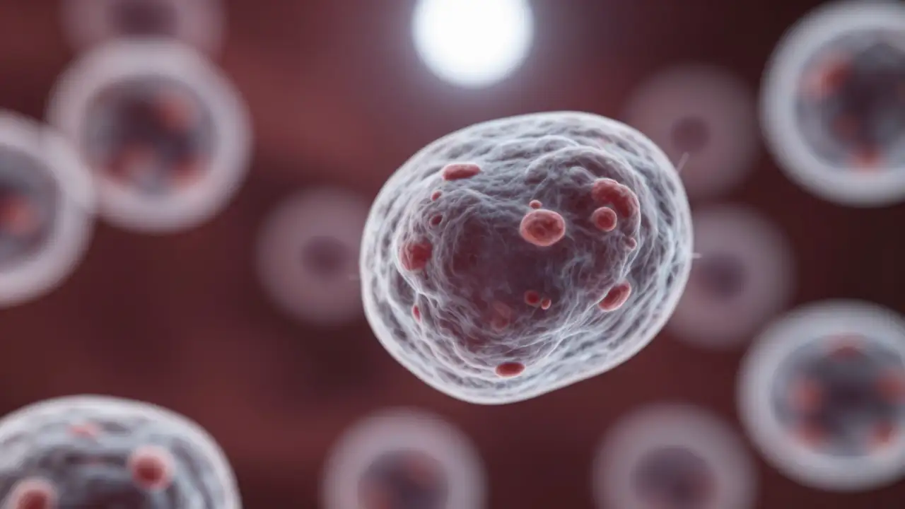 A close-up view of neutrophil white blood cells in a blood sample.