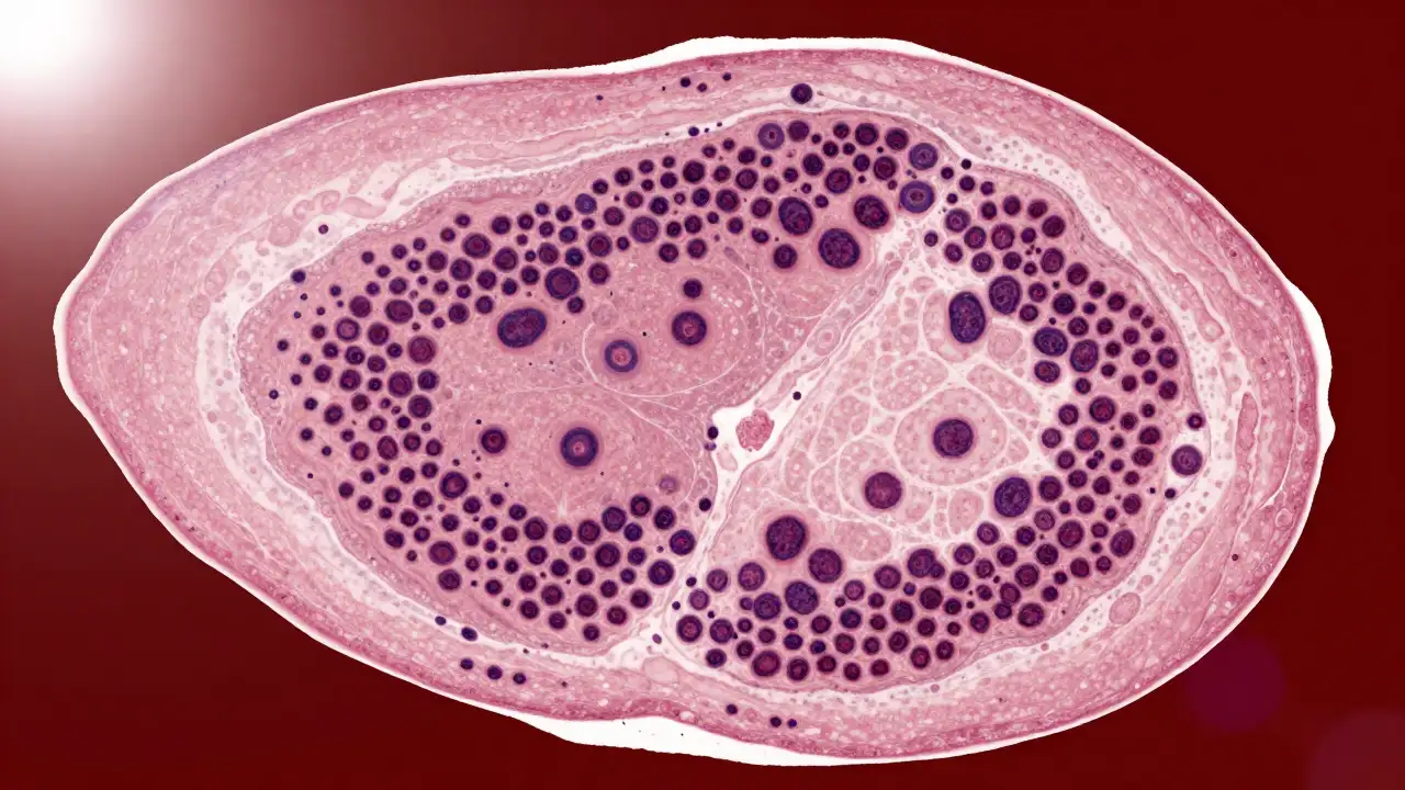 Liver tissue cross-section showing immune cell accumulation