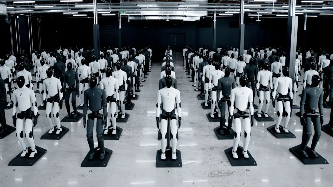 A humanoid robot actuator assembly on a production line.