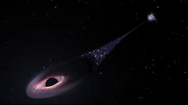 Artistic depiction of a supermassive black hole escaping its galaxy, trailing a 200,000-light-year stellar wake as observed by the James Webb Space Telescope.